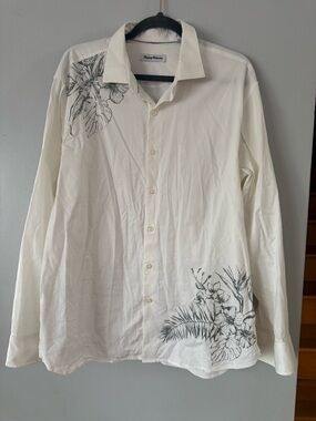 Tommy Bahama White Button-Down Shirt with Black Floral Print Cotton Silk Blend